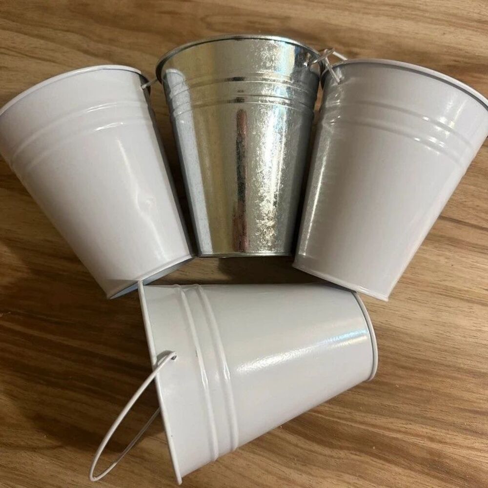 Houseables 4 Mini Metal Buckets 5” White Silver Pails Gift Party Favors